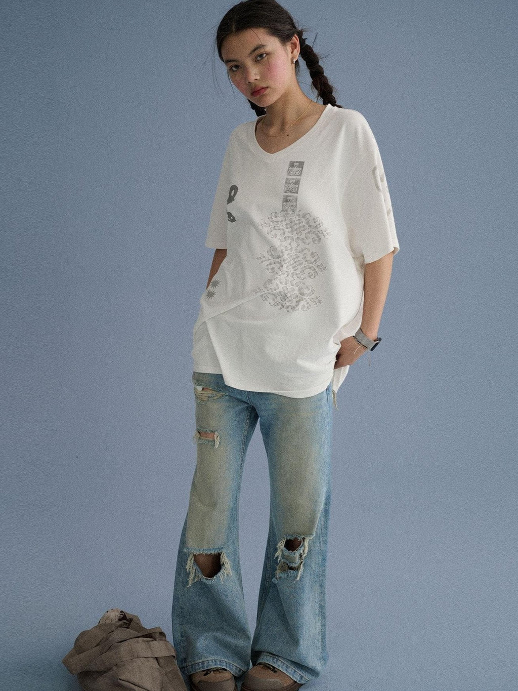 Low Rise Ripped Washed Blue Wide Leg Teen Girls Stretch Denim Straight Jeans