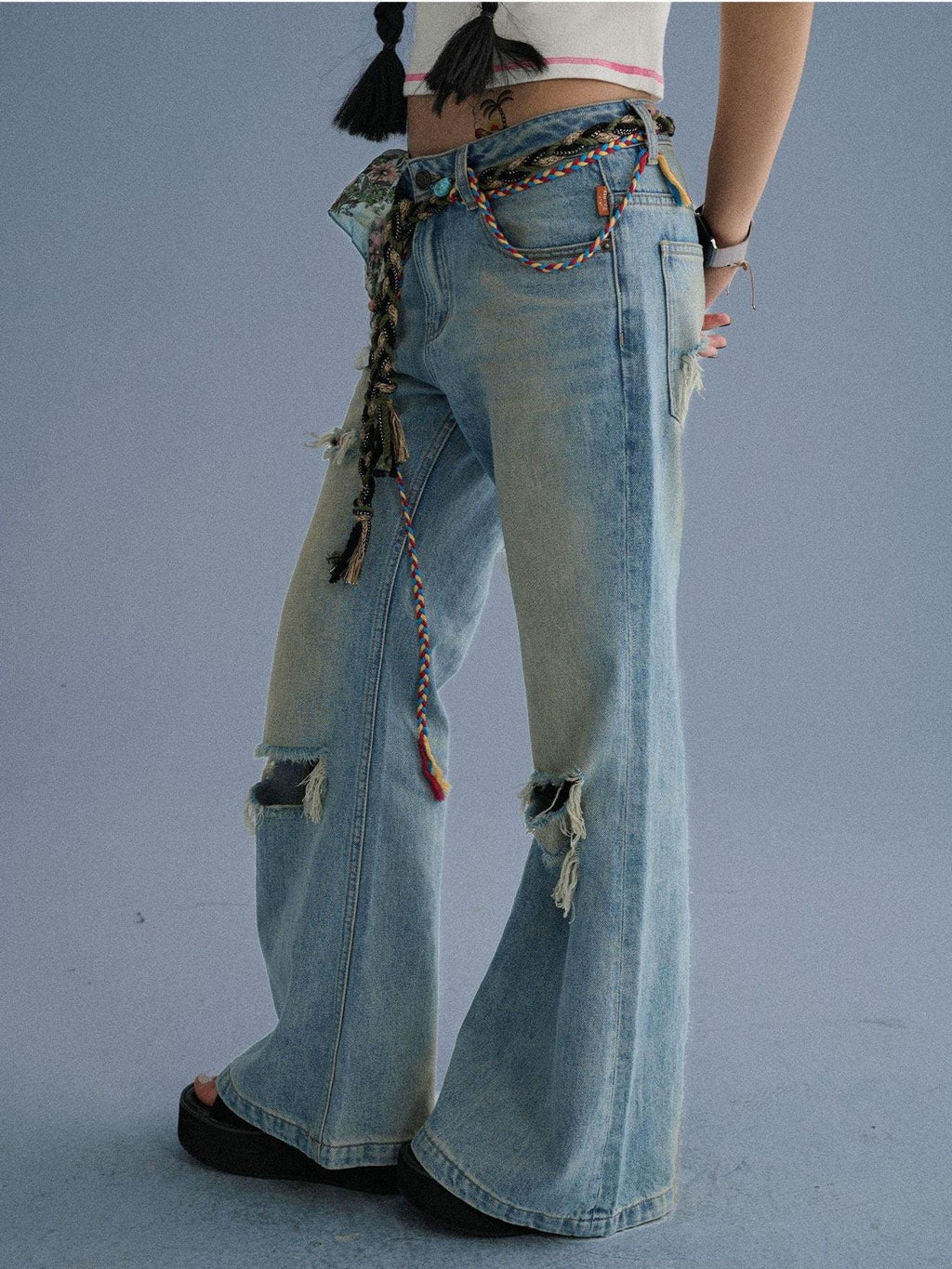 Low Rise Ripped Washed Blue Wide Leg Teen Girls Stretch Denim Straight Jeans