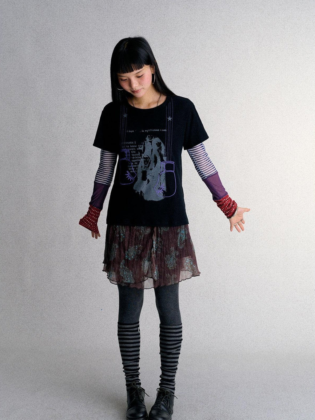 Mesh Layered Print Color Block Women's Long Sleeve T-shirts