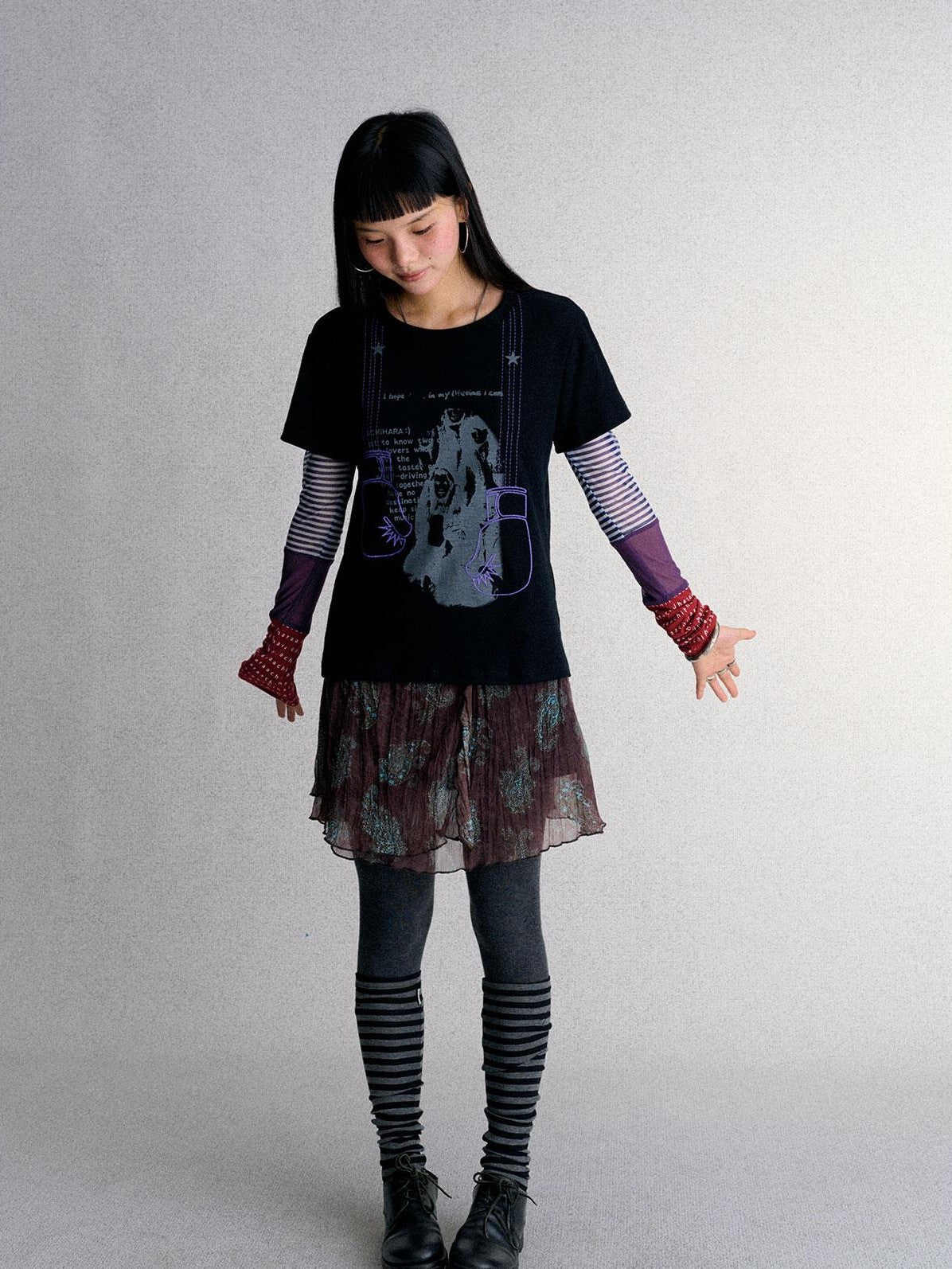 Mesh Layered Print Color Block Women's Long Sleeve T-shirts