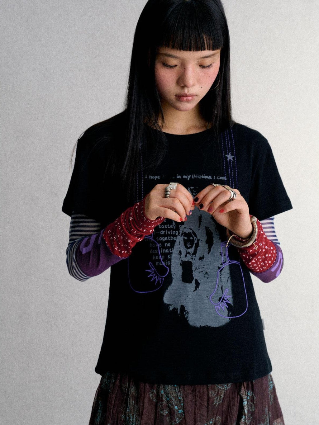 Mesh Layered Print Color Block Women's Long Sleeve T-shirts