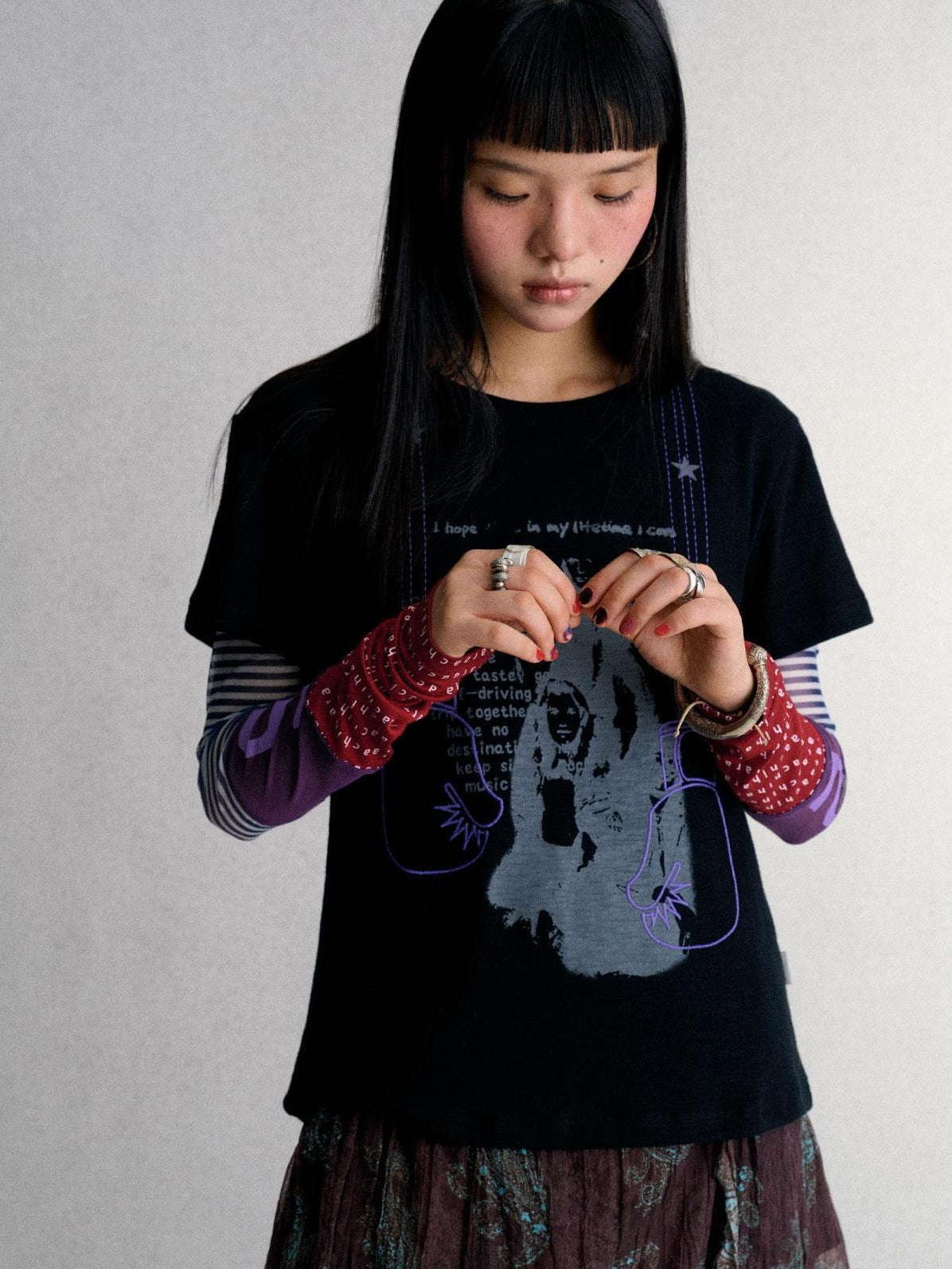 Mesh Layered Print Color Block Women's Long Sleeve T-shirts