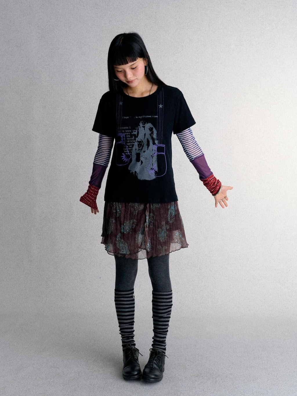Mesh Layered Print Color Block Women's Long Sleeve T-shirts
