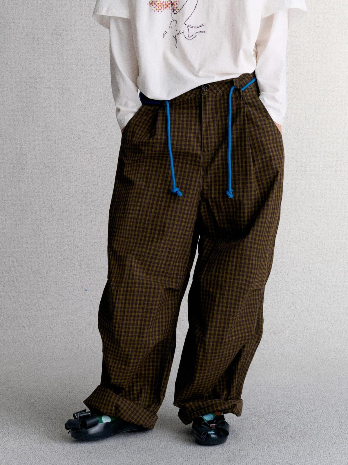 Plaid Embroidered Women's Cotton Wide-leg Pants
