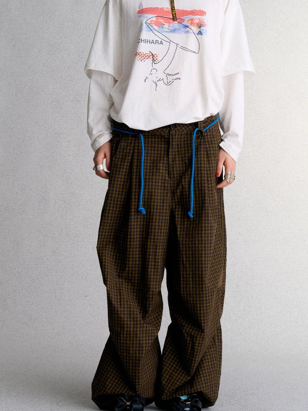 Plaid Embroidered Women's Cotton Wide-leg Pants