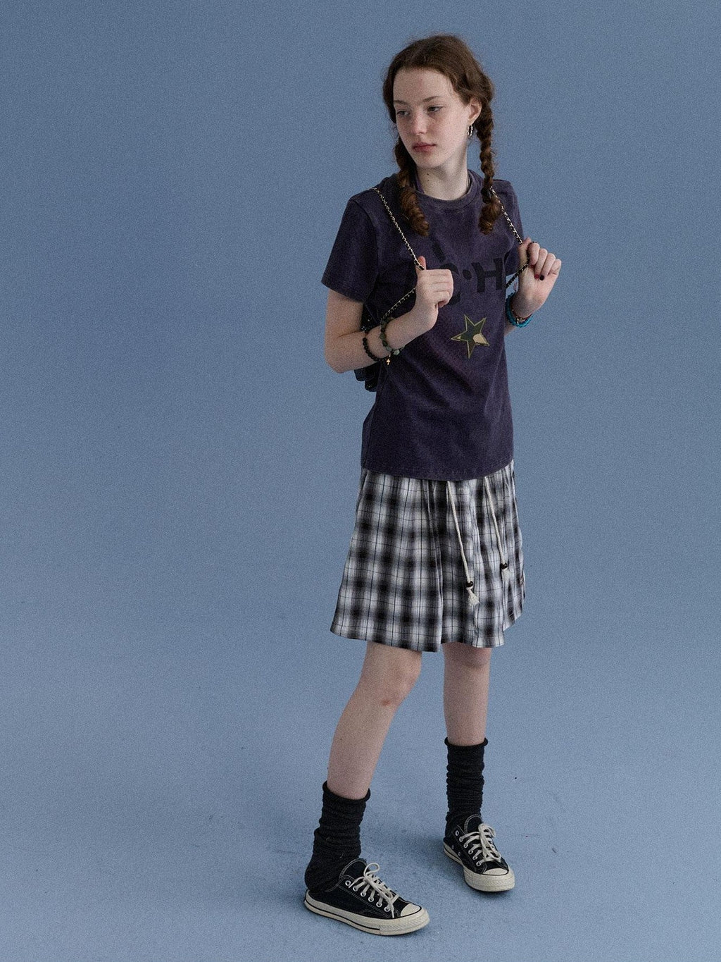 Plaid Star Print Oversized Women's Cotton Short Sleeve T-shirts