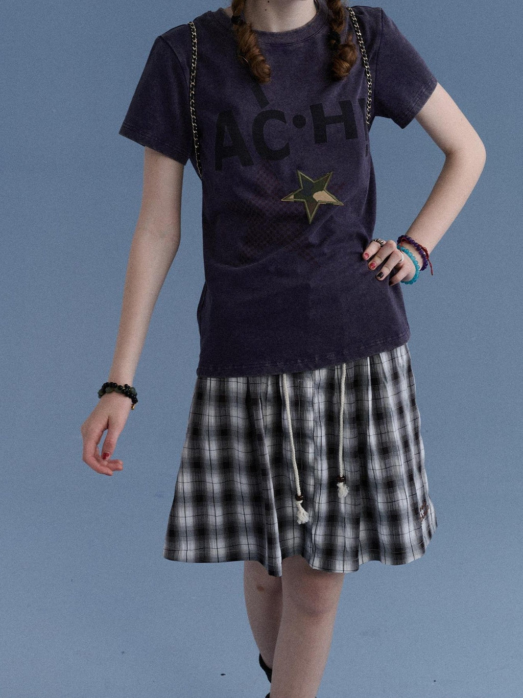 Plaid Star Print Oversized Women's Cotton Short Sleeve T-shirts