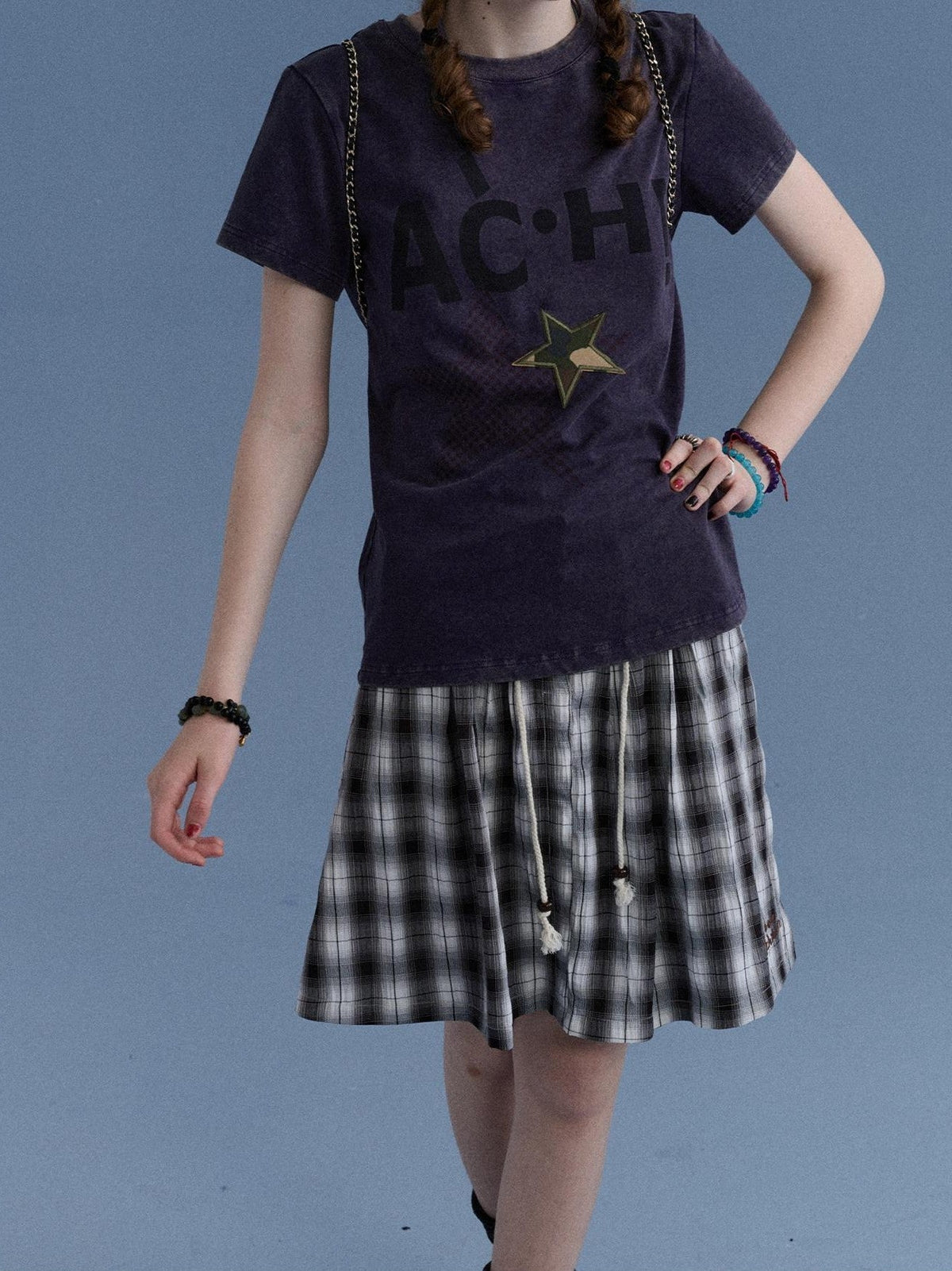 Plaid Star Print Oversized Women's Cotton Short Sleeve T-shirts