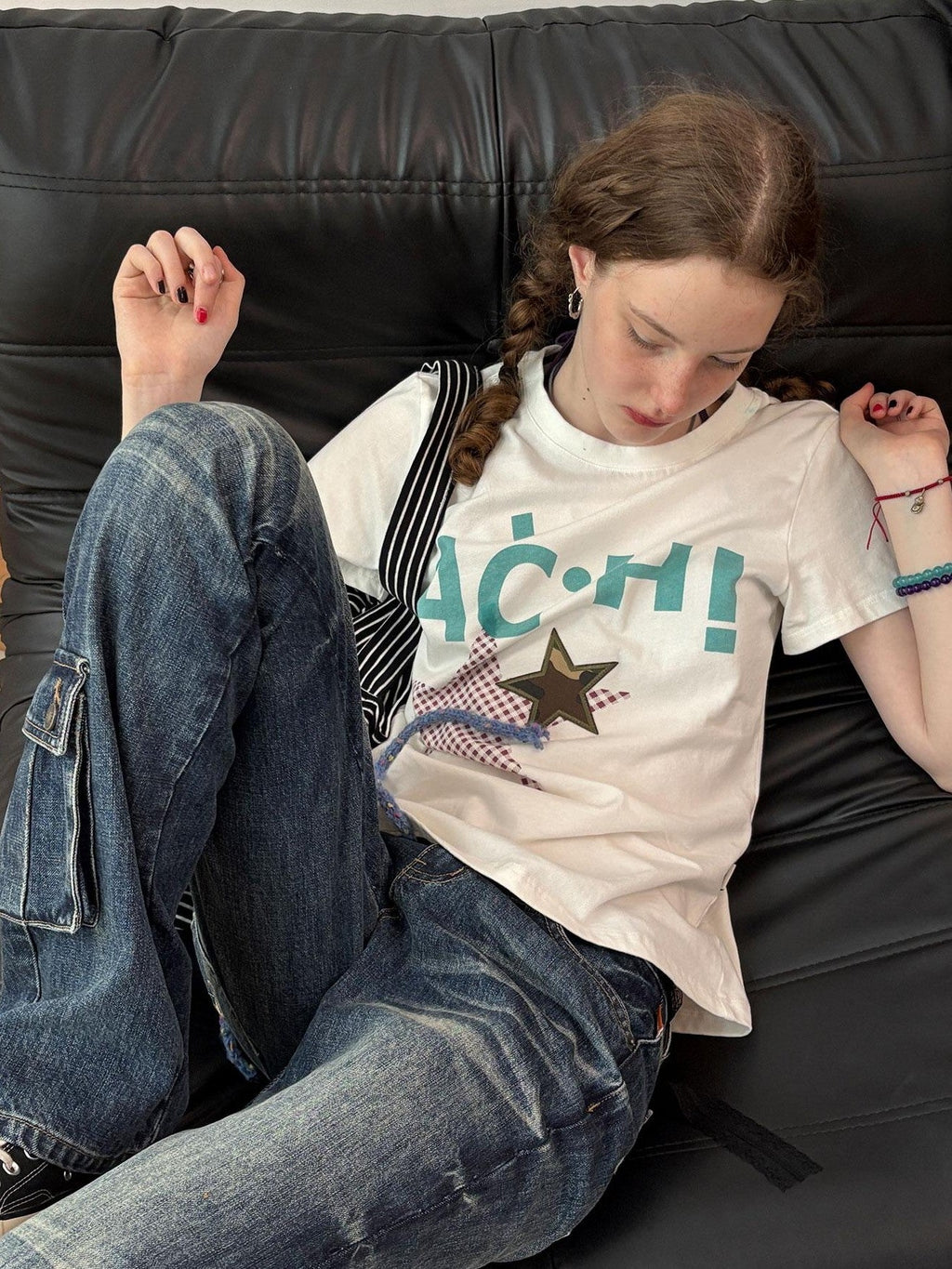 Plaid Star Print Oversized Women's Cotton Short Sleeve T-shirts