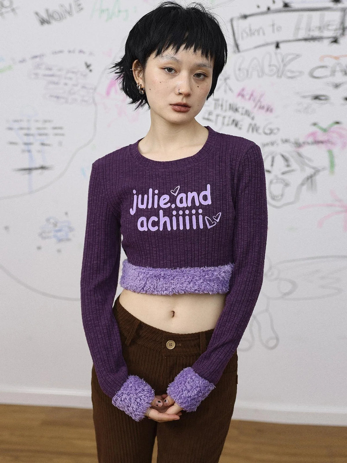 Purple Fluffy Trim Knit Sweater Retro Party Top
