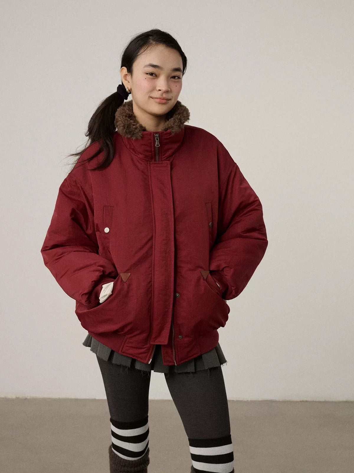 Quilted Stand Collar Zip Front Commuter Loose Fit Solid Puffer Jacker