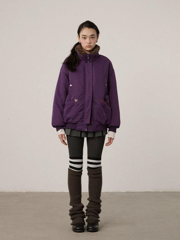 Quilted Stand Collar Zip Front Commuter Loose Fit Solid Puffer Jacker