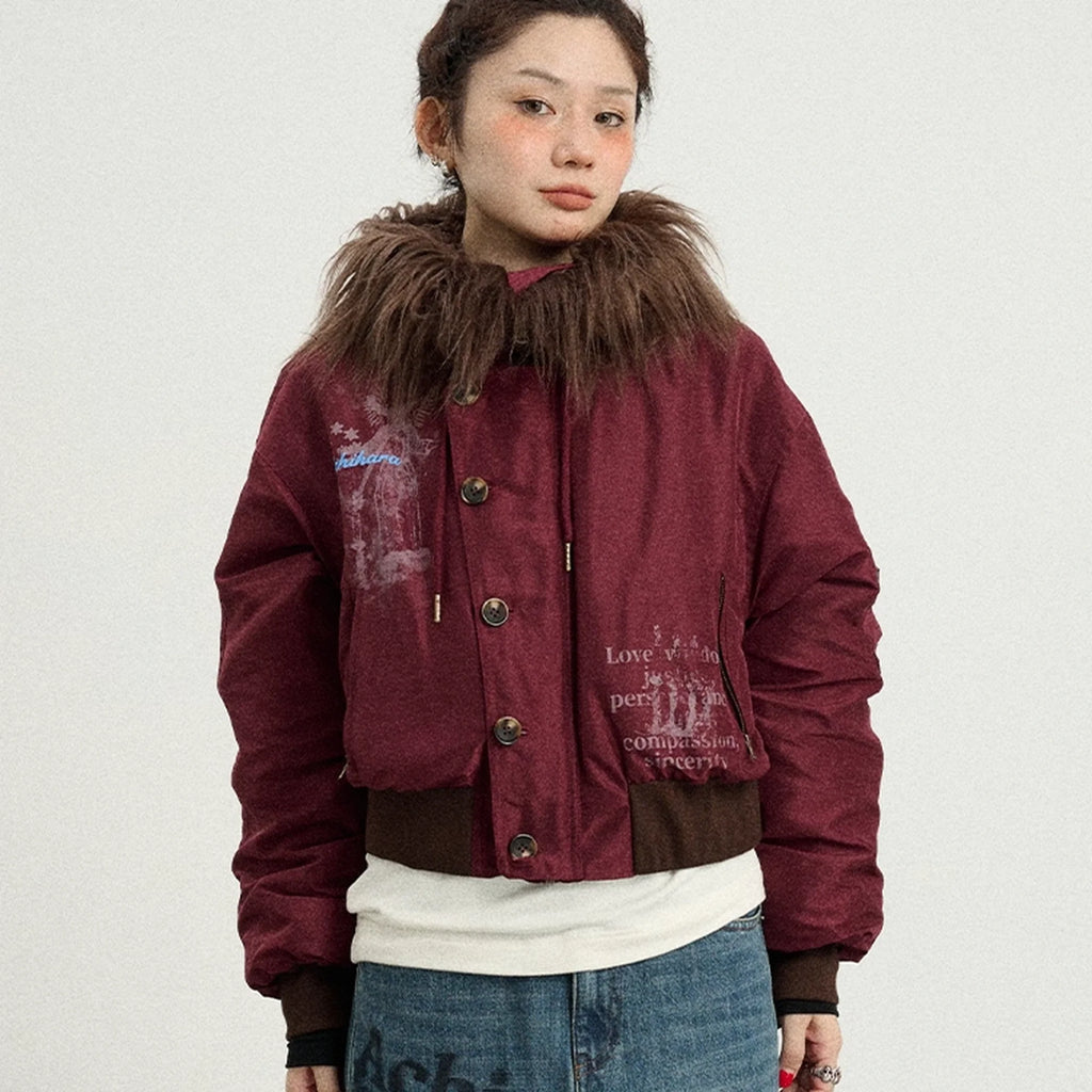 Revelation Inspired Short Puffer Coat With Fur Hood Padded Jacket