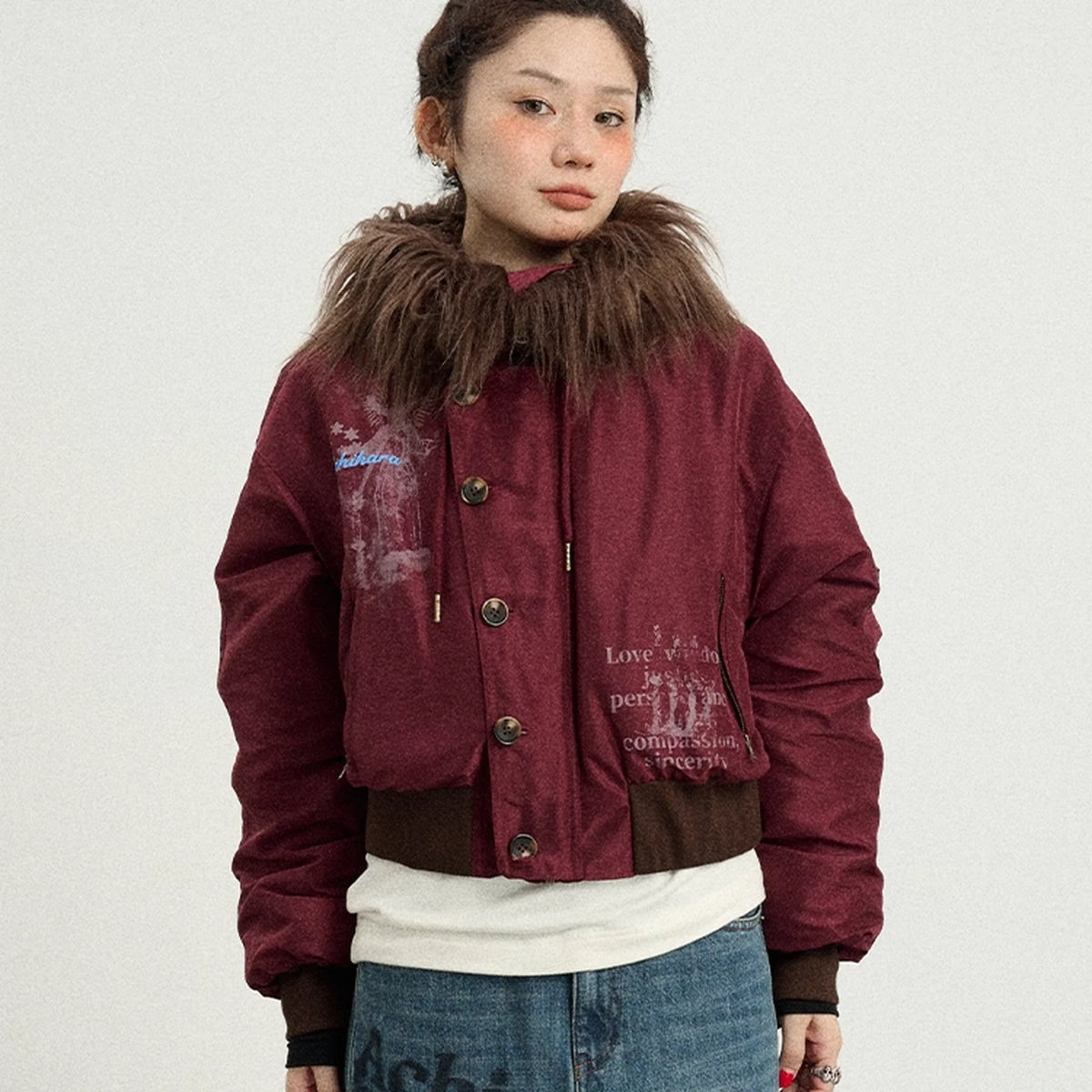 Revelation Inspired Short Puffer Coat With Fur Hood Padded Jacket
