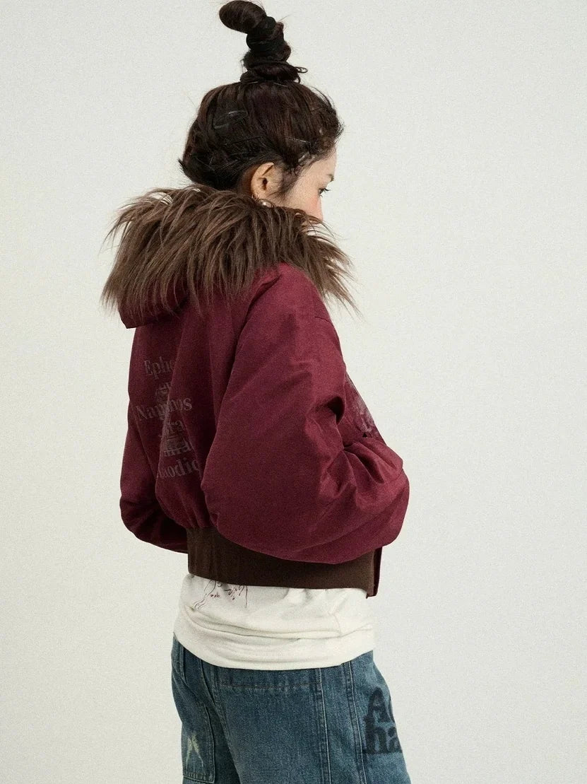 Revelation Inspired Short Puffer Coat With Fur Hood Padded Jacket