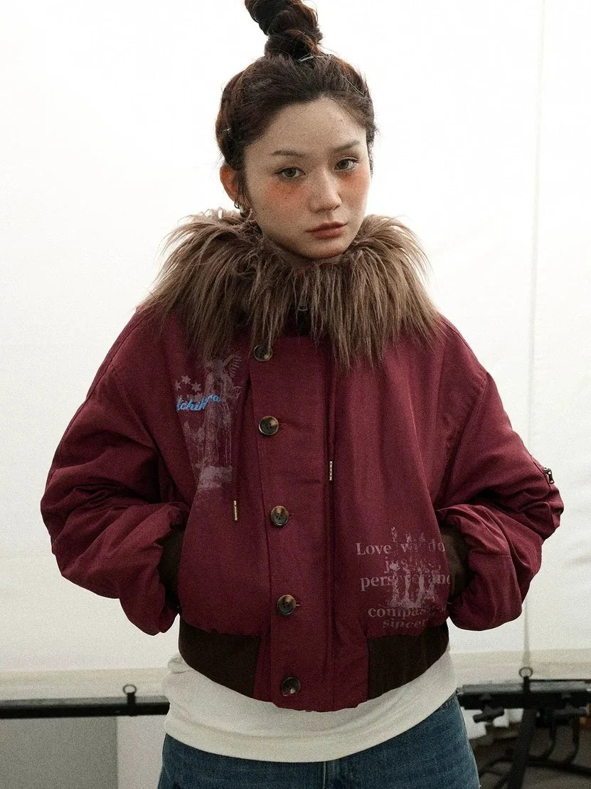 Revelation Inspired Short Puffer Coat With Fur Hood Padded Jacket