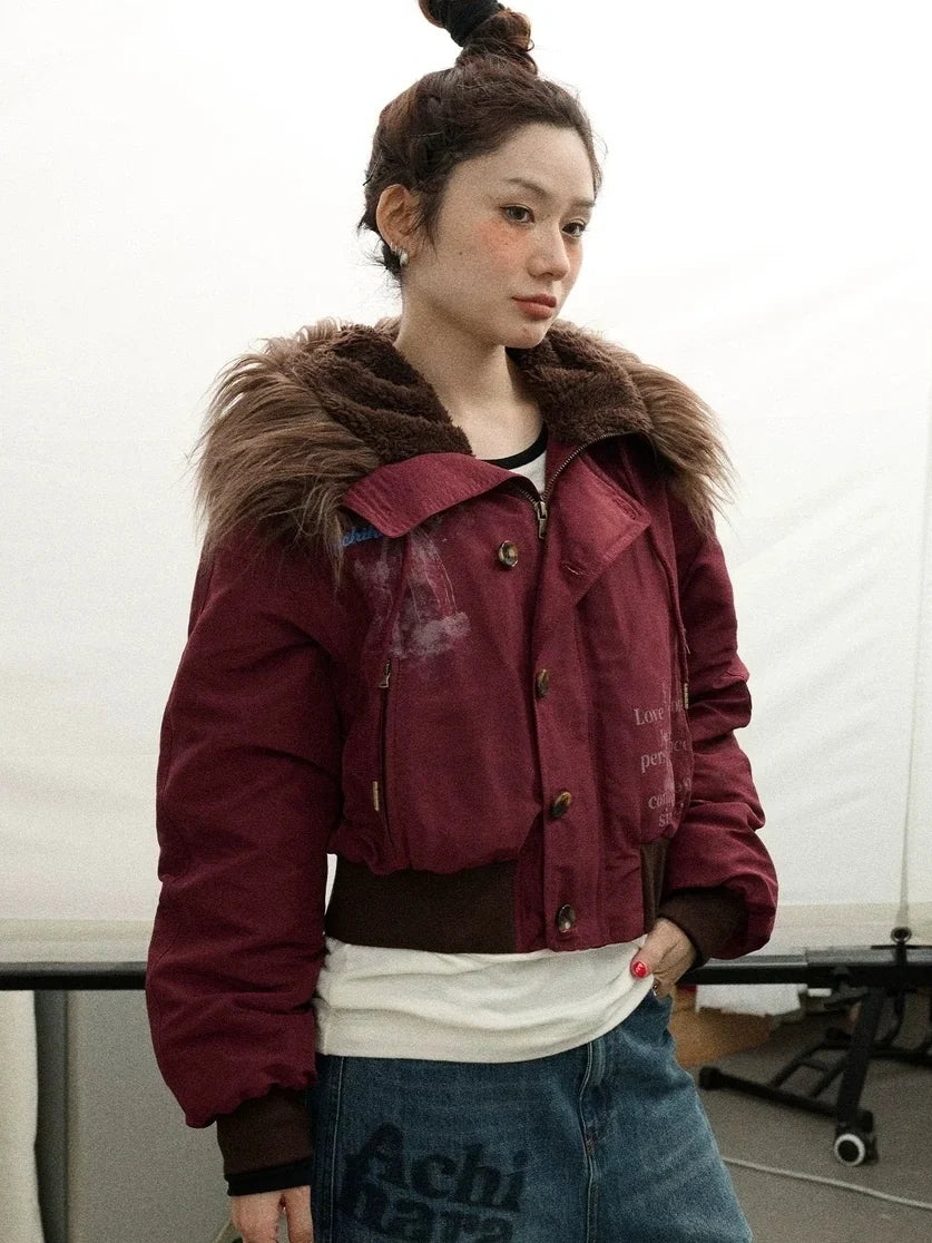 Revelation Inspired Short Puffer Coat With Fur Hood Padded Jacket