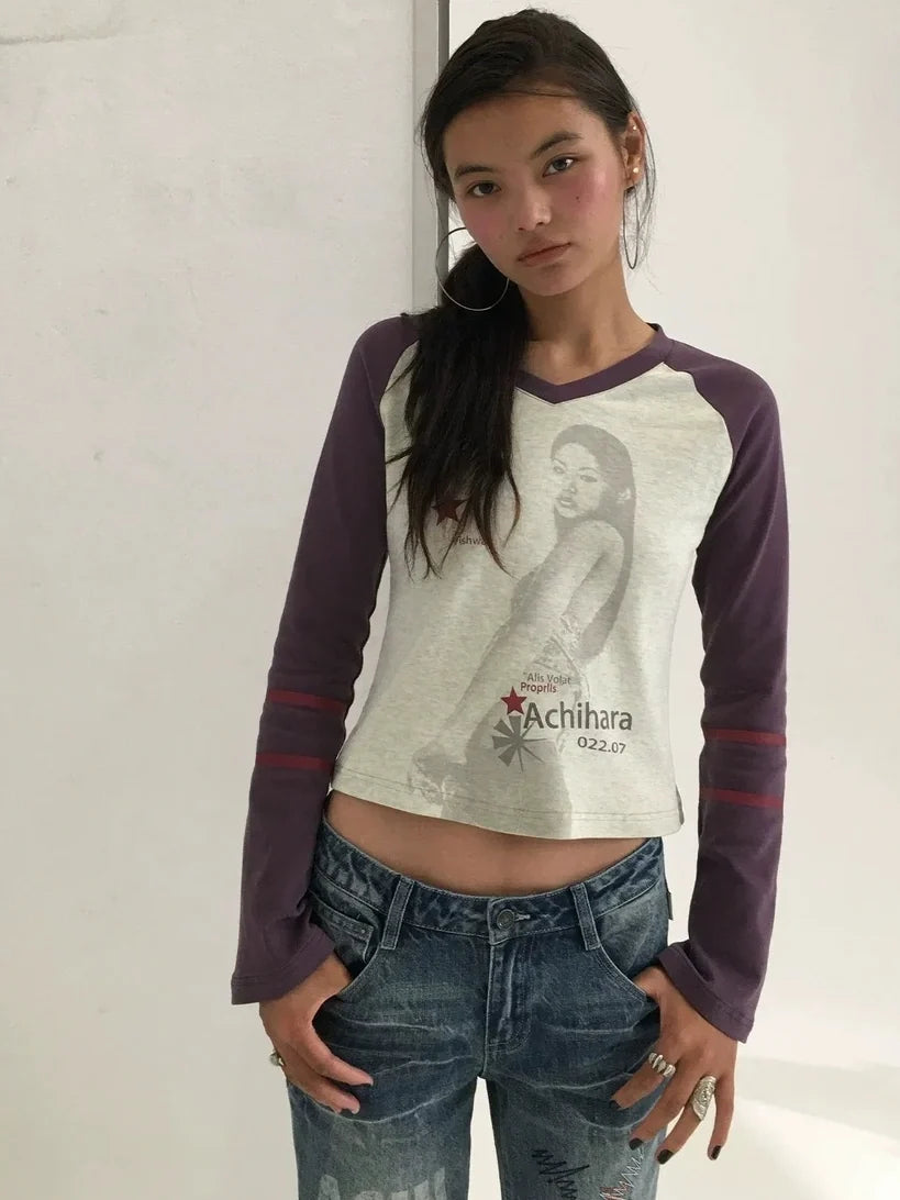 Soft Cotton Linen Stretch Straight Fit Long Sleeve Colorblock T-Shirt