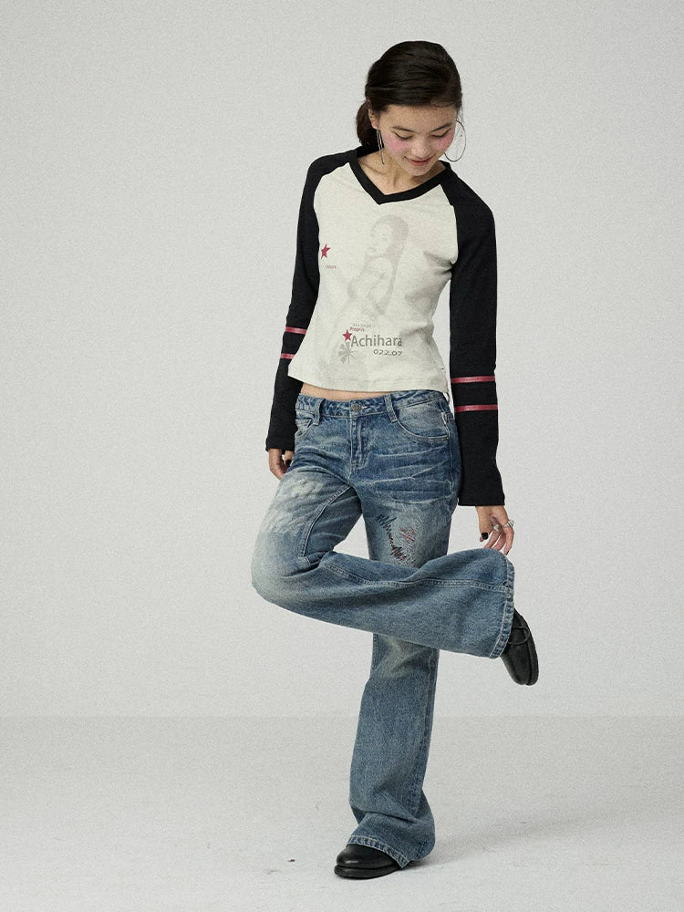 Soft Cotton Linen Stretch Straight Fit Long Sleeve Colorblock T-Shirt