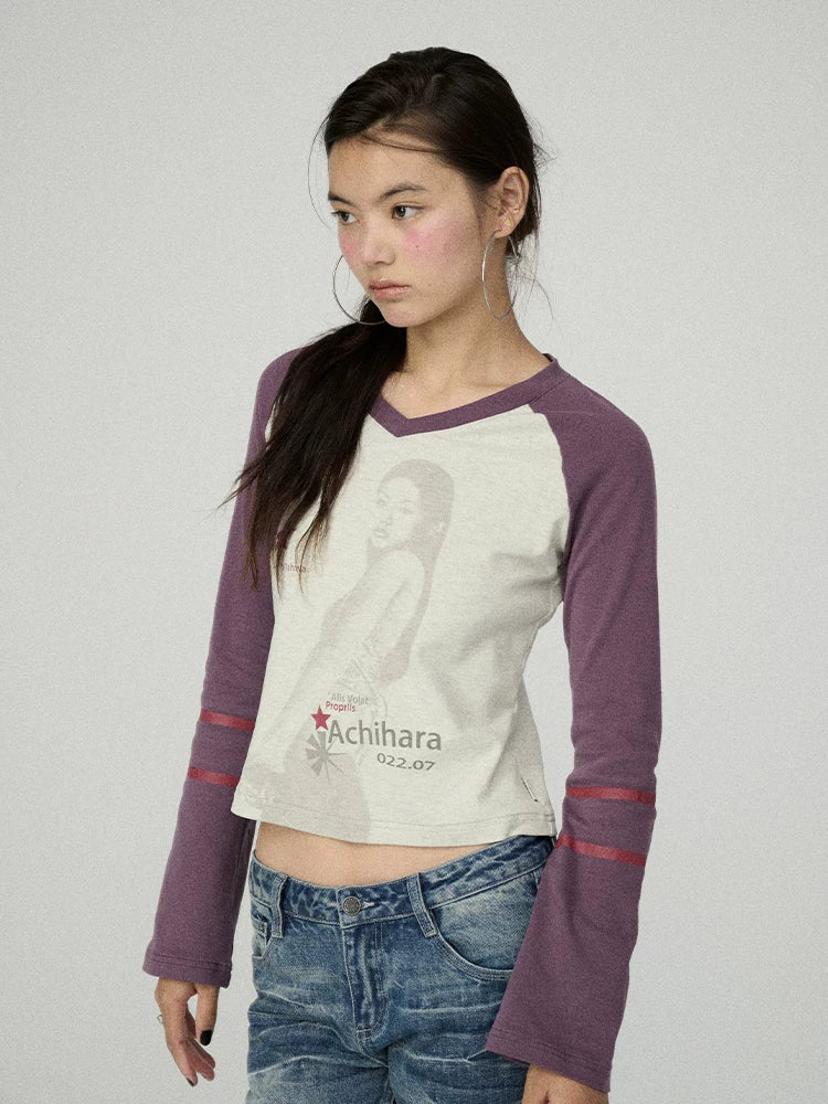 Soft Cotton Linen Stretch Straight Fit Long Sleeve Colorblock T-Shirt