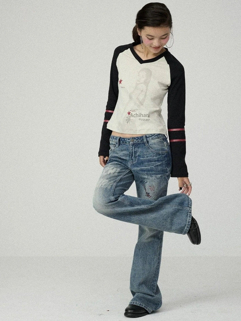 Soft Cotton Linen Stretch Straight Fit Long Sleeve Colorblock T-Shirt