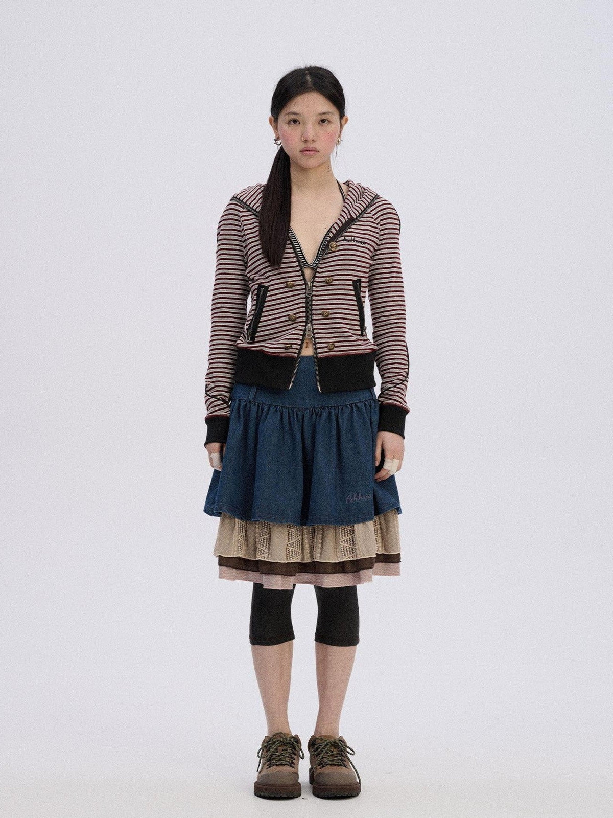 Soft Stretch Cotton Striped Cropped Hooded Zip Up Straight Fit Women Hoodies