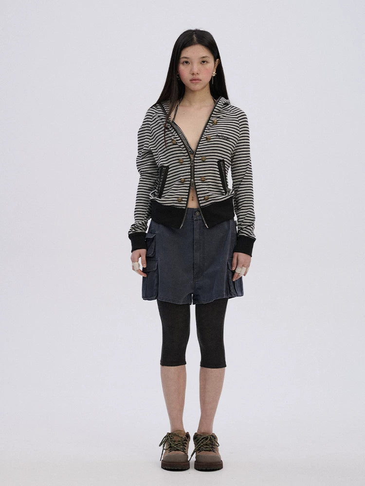 Soft Stretch Cotton Striped Cropped Hooded Zip Up Straight Fit Women Hoodies