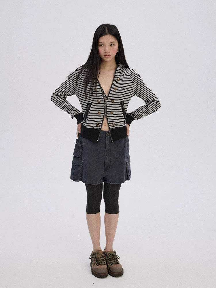 Soft Stretch Cotton Striped Cropped Hooded Zip Up Straight Fit Women Hoodies