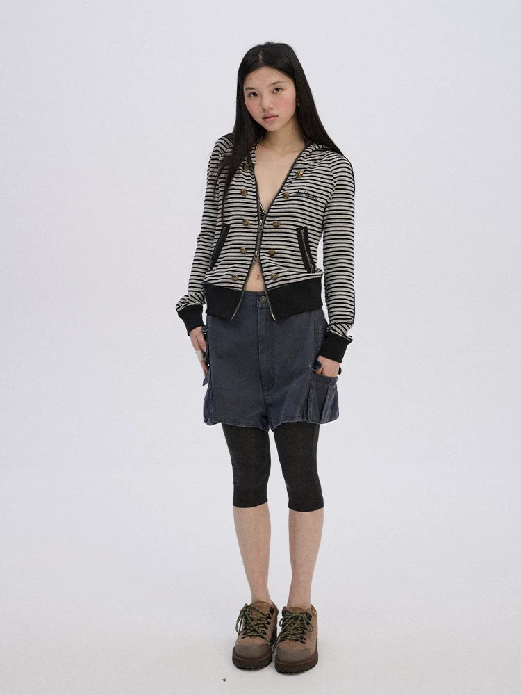 Soft Stretch Cotton Striped Cropped Hooded Zip Up Straight Fit Women Hoodies