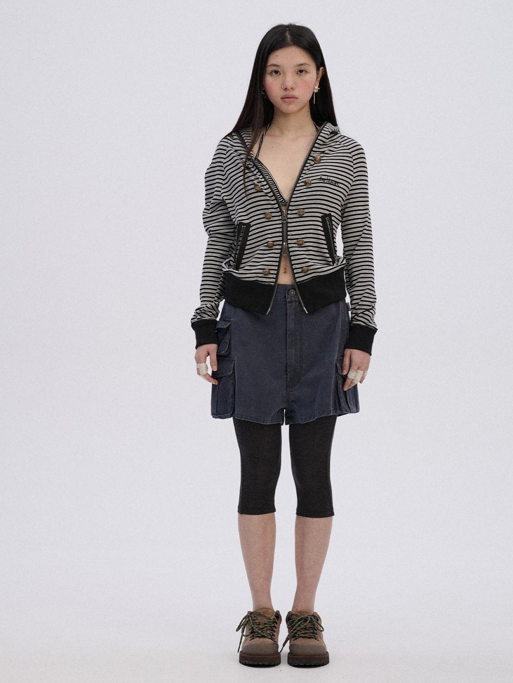 Soft Stretch Cotton Striped Cropped Hooded Zip Up Straight Fit Women Hoodies