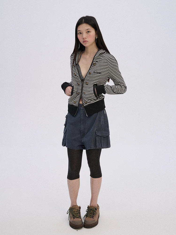 Soft Stretch Cotton Striped Cropped Hooded Zip Up Straight Fit Women Hoodies