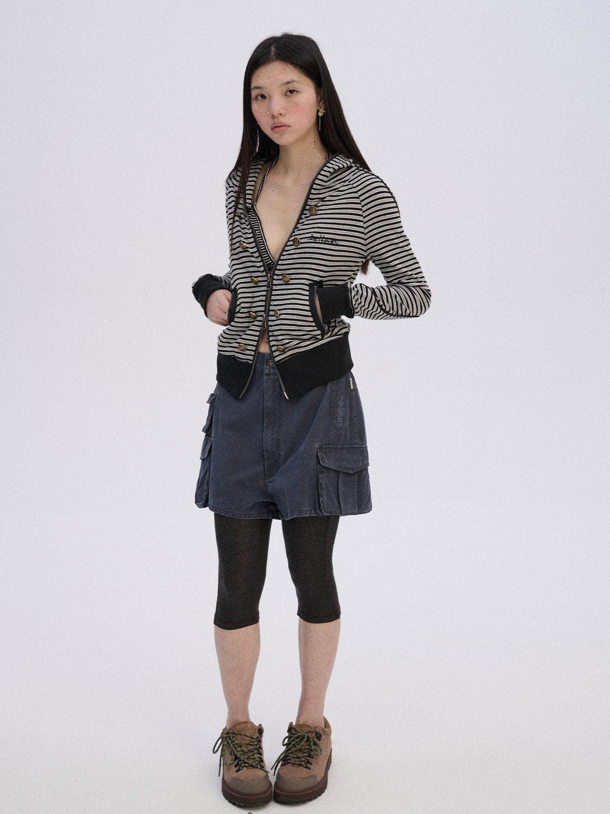 Soft Stretch Cotton Striped Cropped Hooded Zip Up Straight Fit Women Hoodies