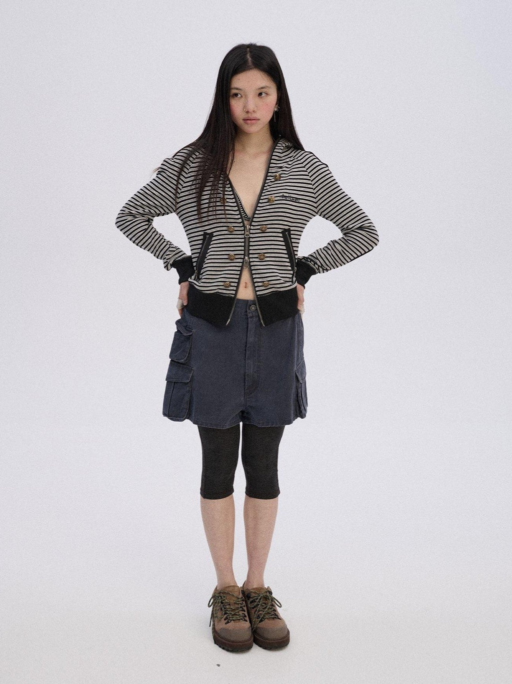 Soft Stretch Cotton Striped Cropped Hooded Zip Up Straight Fit Women Hoodies