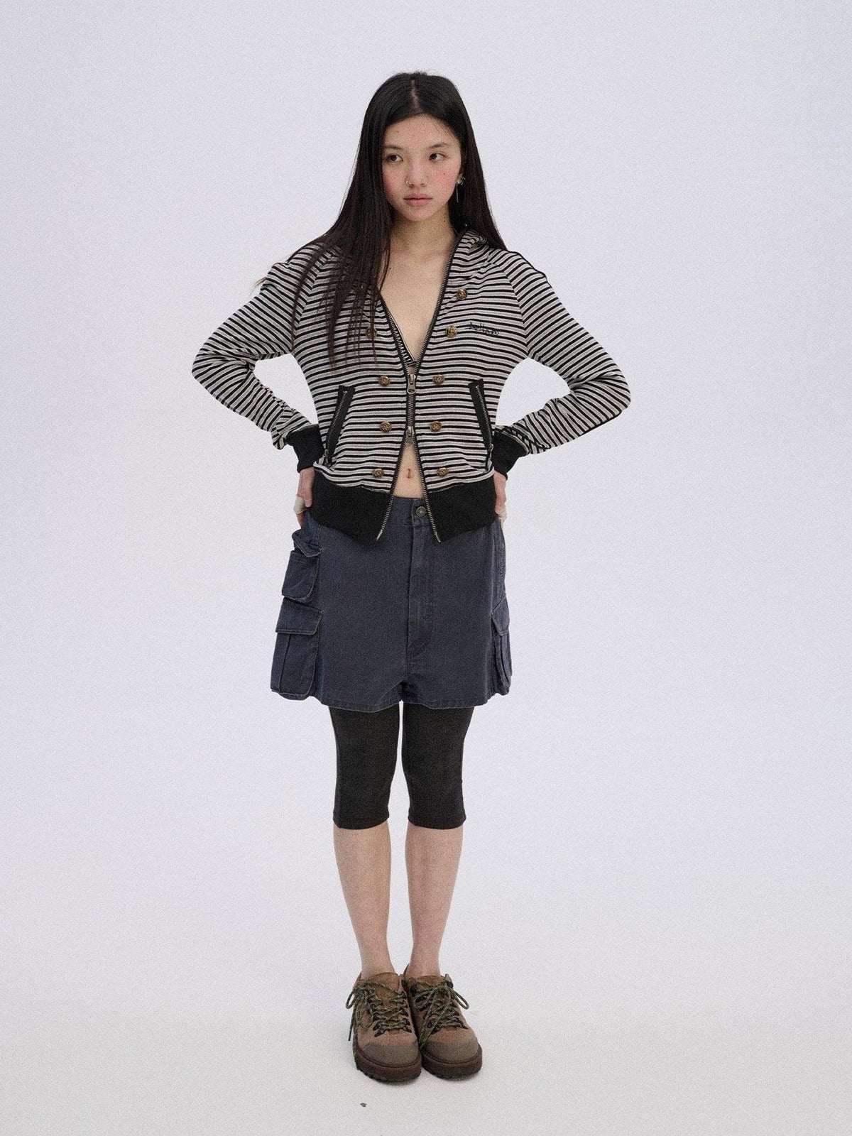 Soft Stretch Cotton Striped Cropped Hooded Zip Up Straight Fit Women Hoodies