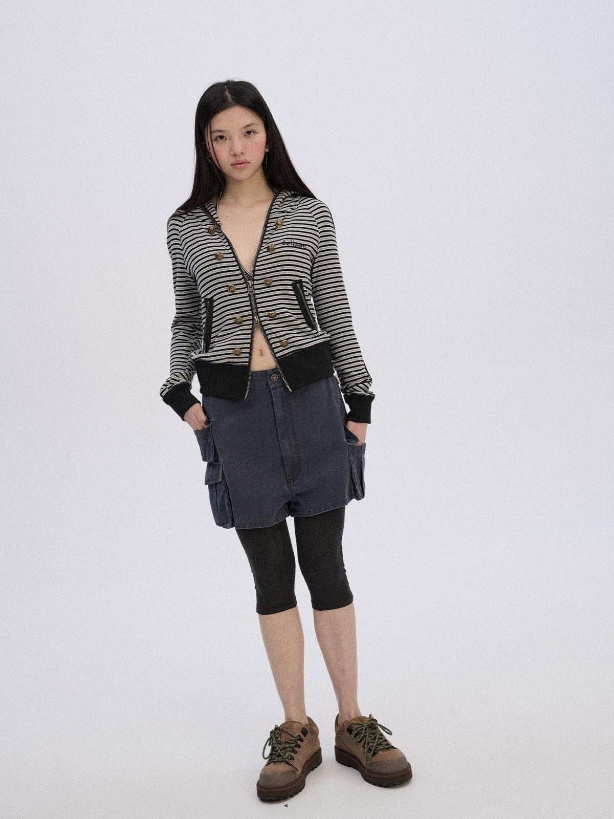 Soft Stretch Cotton Striped Cropped Hooded Zip Up Straight Fit Women Hoodies
