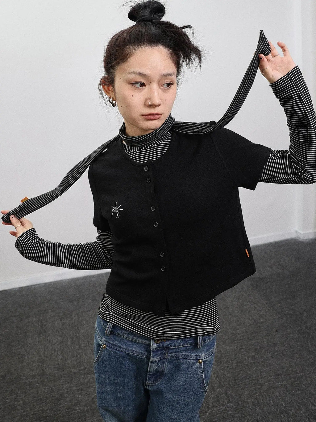Spider Studded Short Sleeve Open Front Cardigan