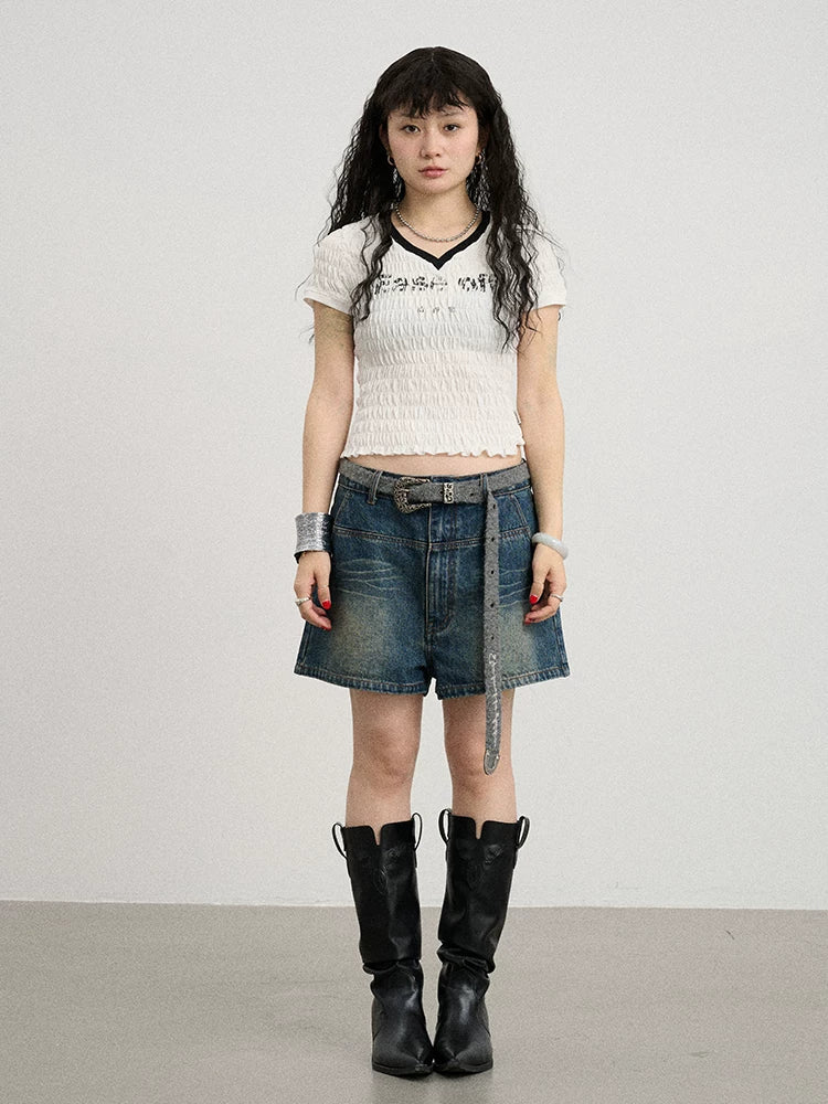 Summer V-neck Ruffle Cotton Tee
