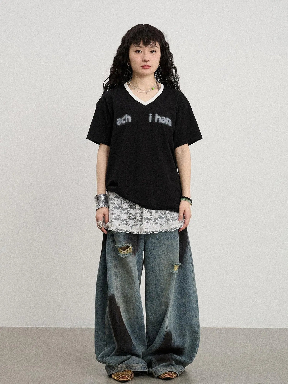 V-Neck Relaxed Tee With Melting Ice Design