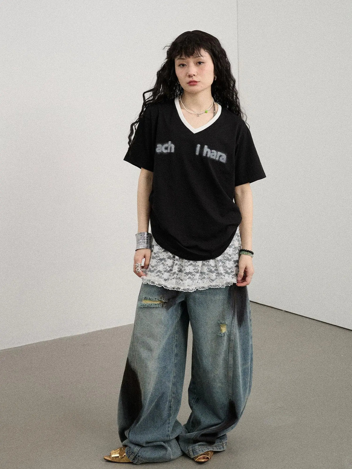 V-Neck Relaxed Tee With Melting Ice Design