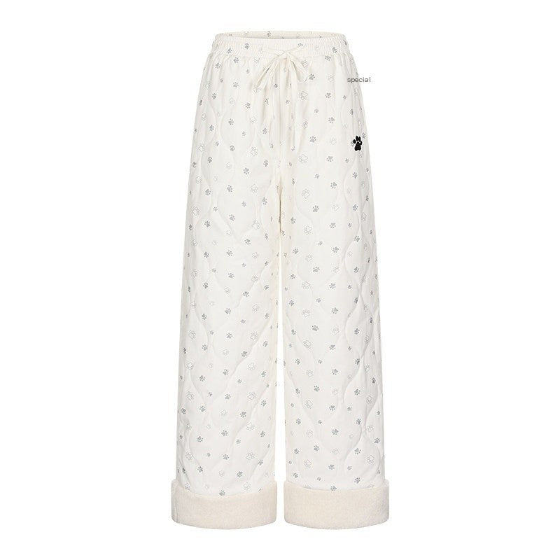 Allover Paw Print Quilted Windproof Women's Cotton Straight-leg Pants