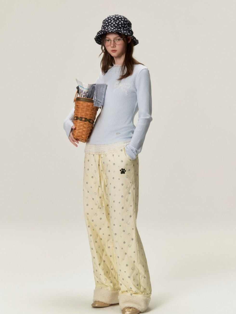 Allover Paw Print Quilted Windproof Women's Cotton Straight-leg Pants