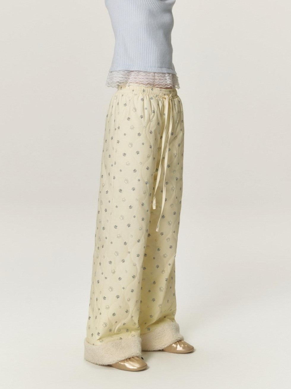 Allover Paw Print Quilted Windproof Women's Cotton Straight-leg Pants