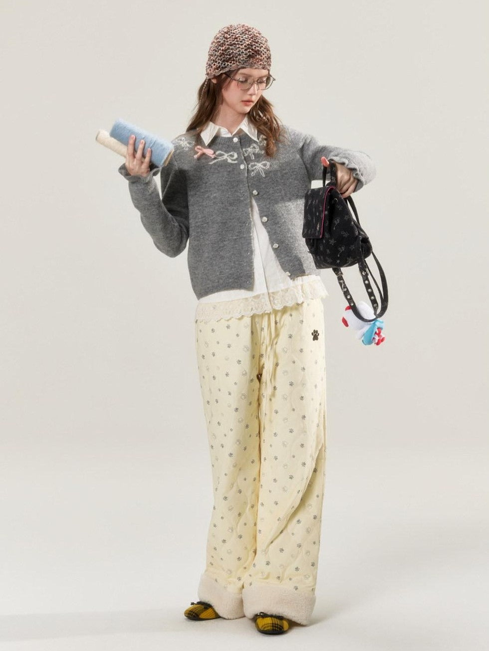 Allover Paw Print Quilted Windproof Women's Cotton Straight-leg Pants