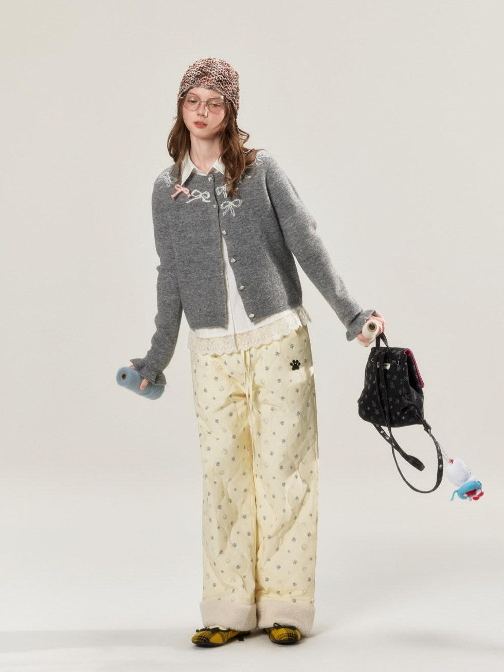 Allover Paw Print Quilted Windproof Women's Cotton Straight-leg Pants