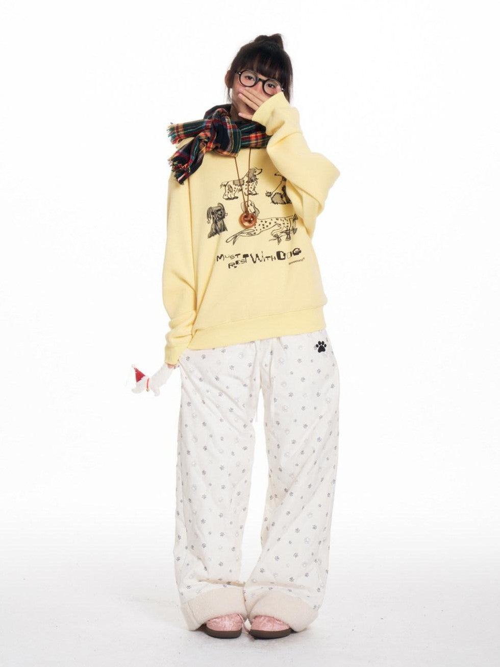 Allover Paw Print Quilted Windproof Women's Cotton Straight-leg Pants