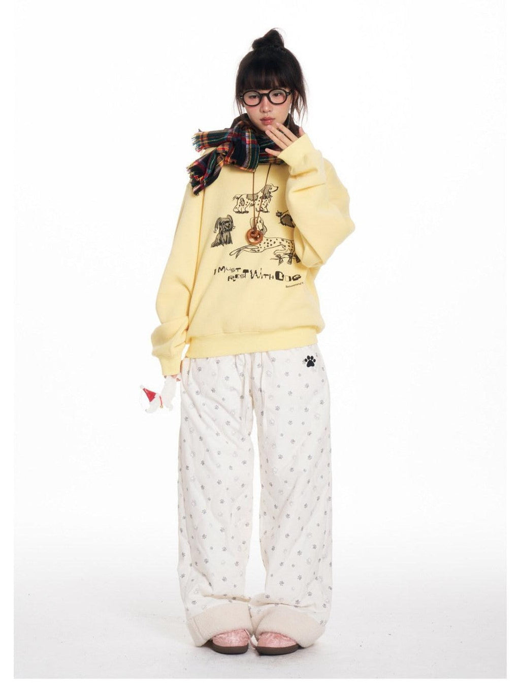 Allover Paw Print Quilted Windproof Women's Cotton Straight-leg Pants