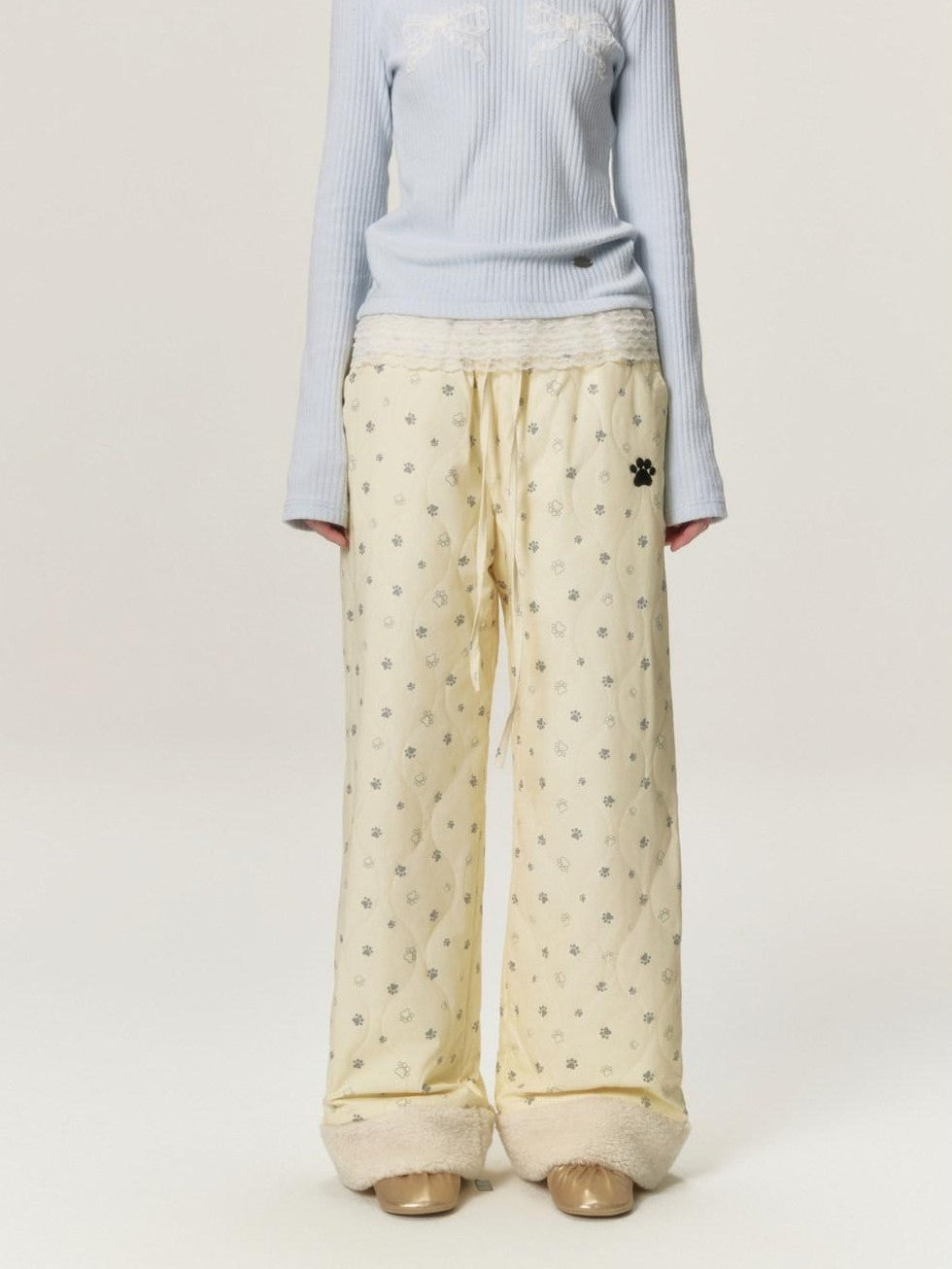 Allover Paw Print Quilted Windproof Women's Cotton Straight-leg Pants