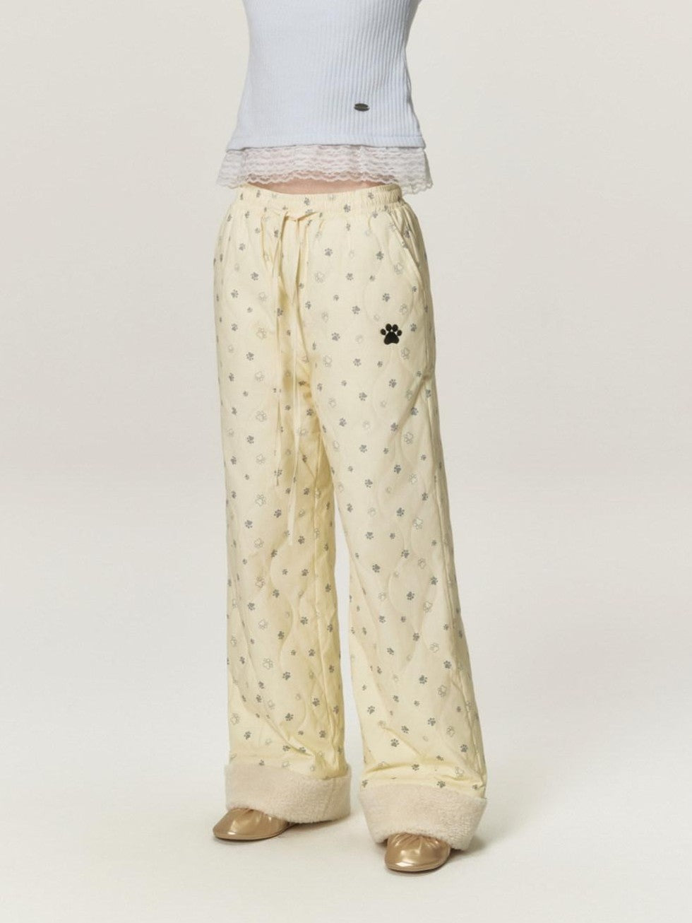 Allover Paw Print Quilted Windproof Women's Cotton Straight-leg Pants