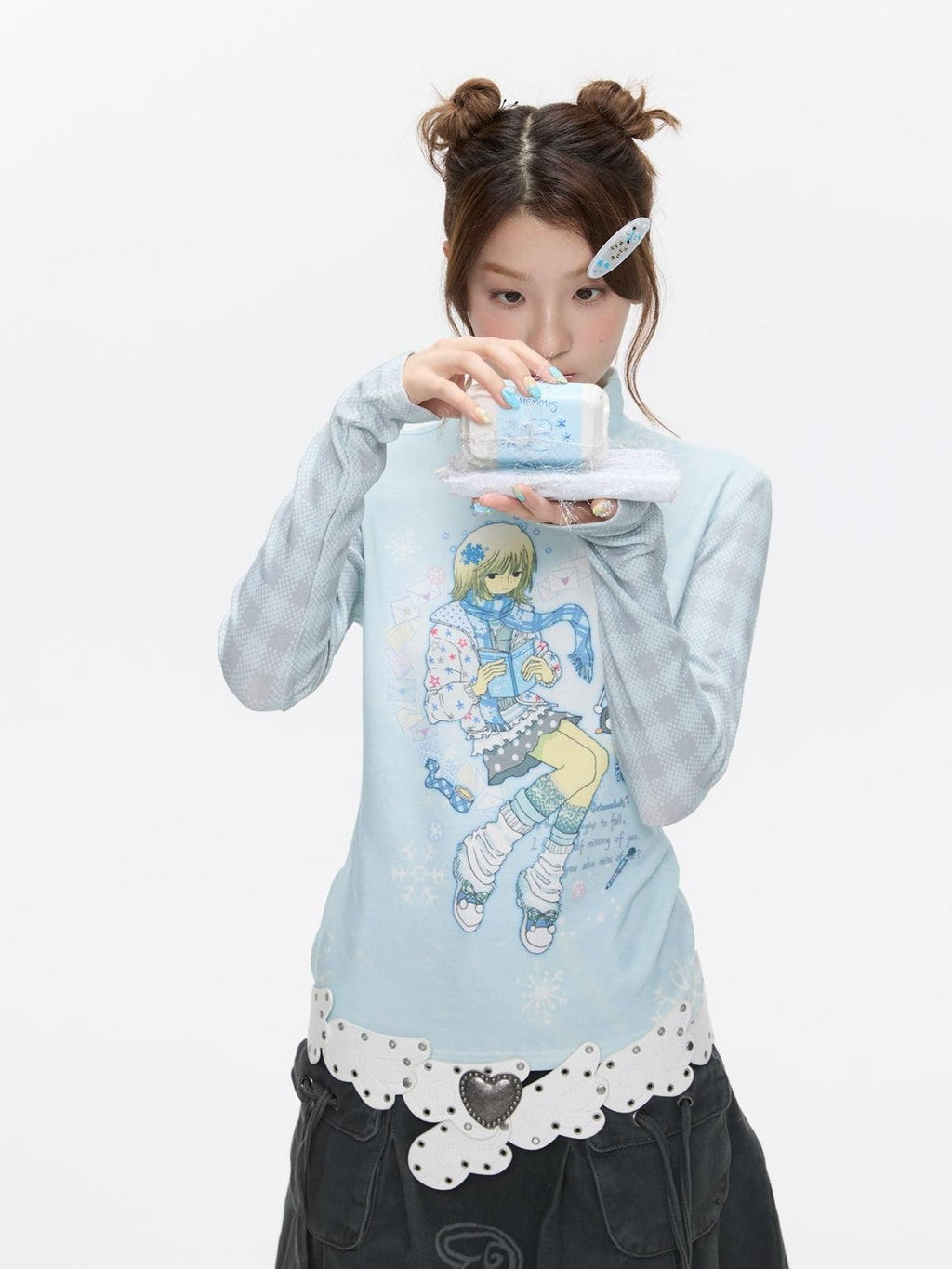 Allover Print Mock Neck Brushed Women's Viscose Blend Long Sleeve T-shirts