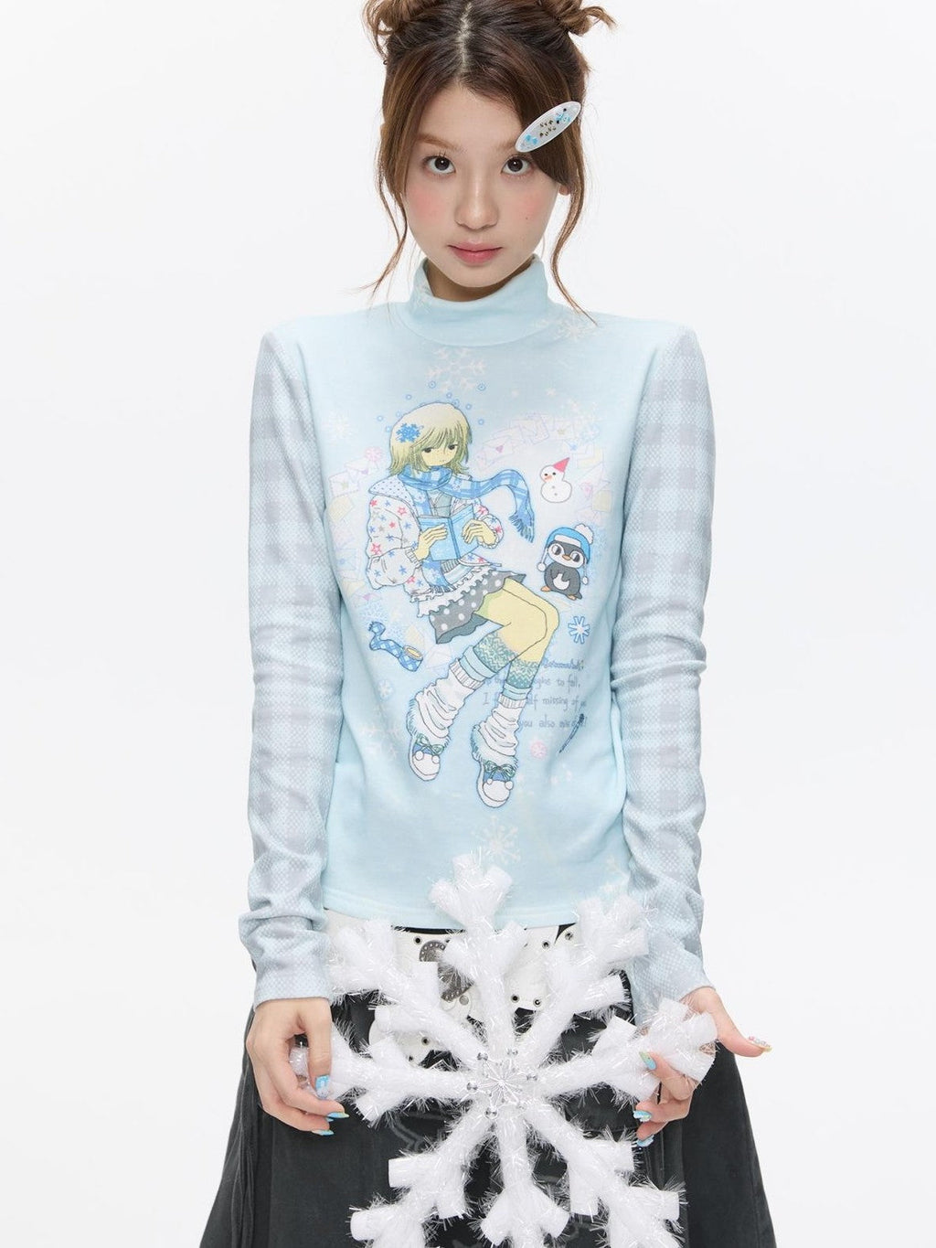 Allover Print Mock Neck Brushed Women's Viscose Blend Long Sleeve T-shirts